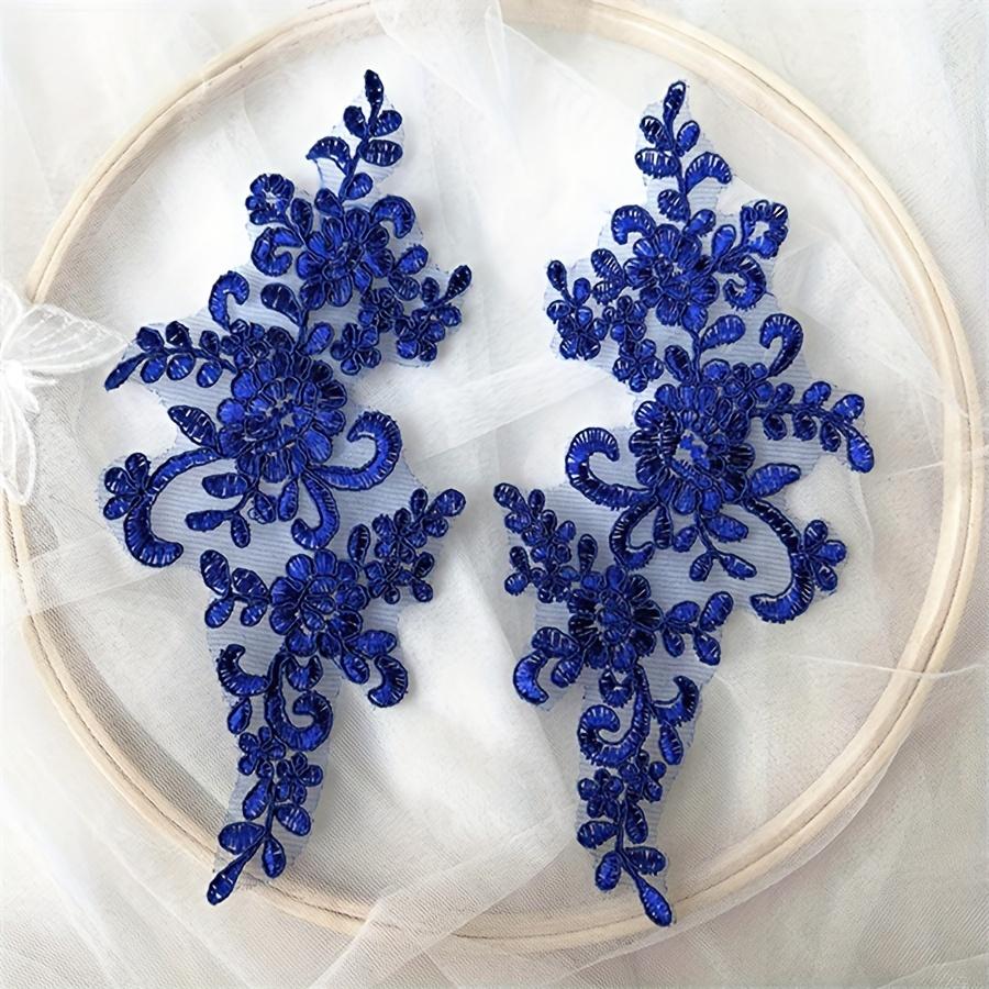 Pair of Floral Lace Applique Patches Embroidered Iron-On Decoration for Wedding Dress DIY Crafting - White