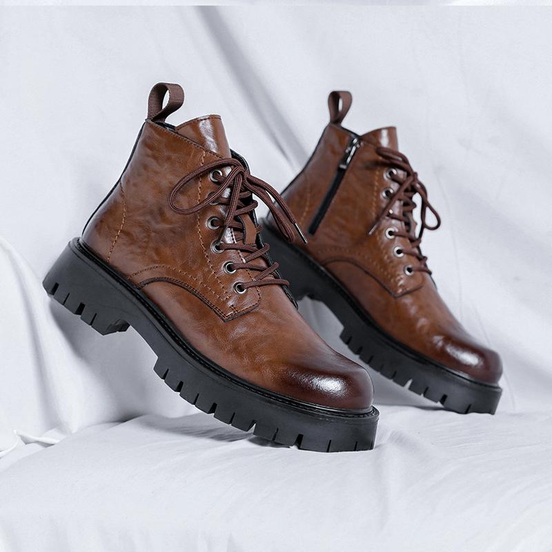 New Fashion Lace Up Casual Mens Boots Mens Thick Sole Ankle Boots Trendy Comfortable Mens Classic Black/Brown Motorcycle Boots