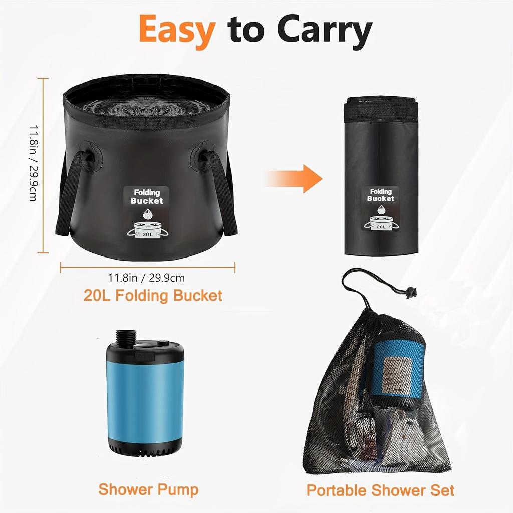 Portable Camping Shower Pump and 20L Portable Water Bucket, 5200mAh Rechargeable Battery, Shower Head with 3 Spray Modes,