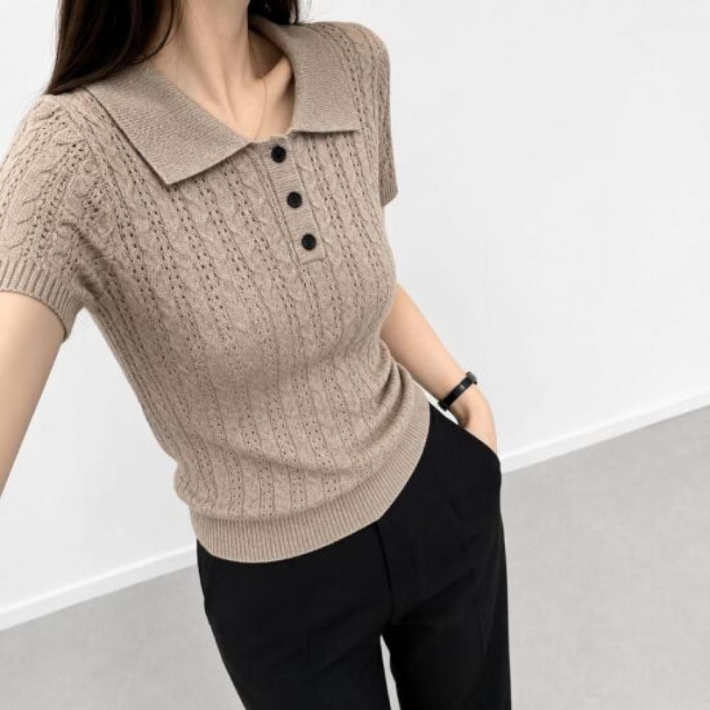 Mizqz WoMen S twiSted Collar Short Sleeve Knit Button Punching SuMMer Knit Tee M