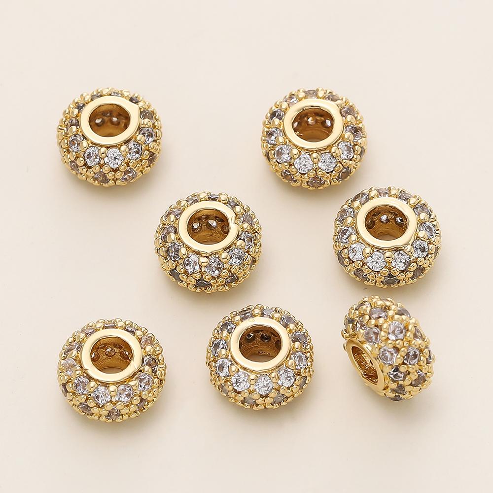 2Pcs/Lot 18K Gold Plated Brass Flat Round Spacer Charm Beads with Zircon for DIY Bracelet Necklace Jewelry Making Accessories