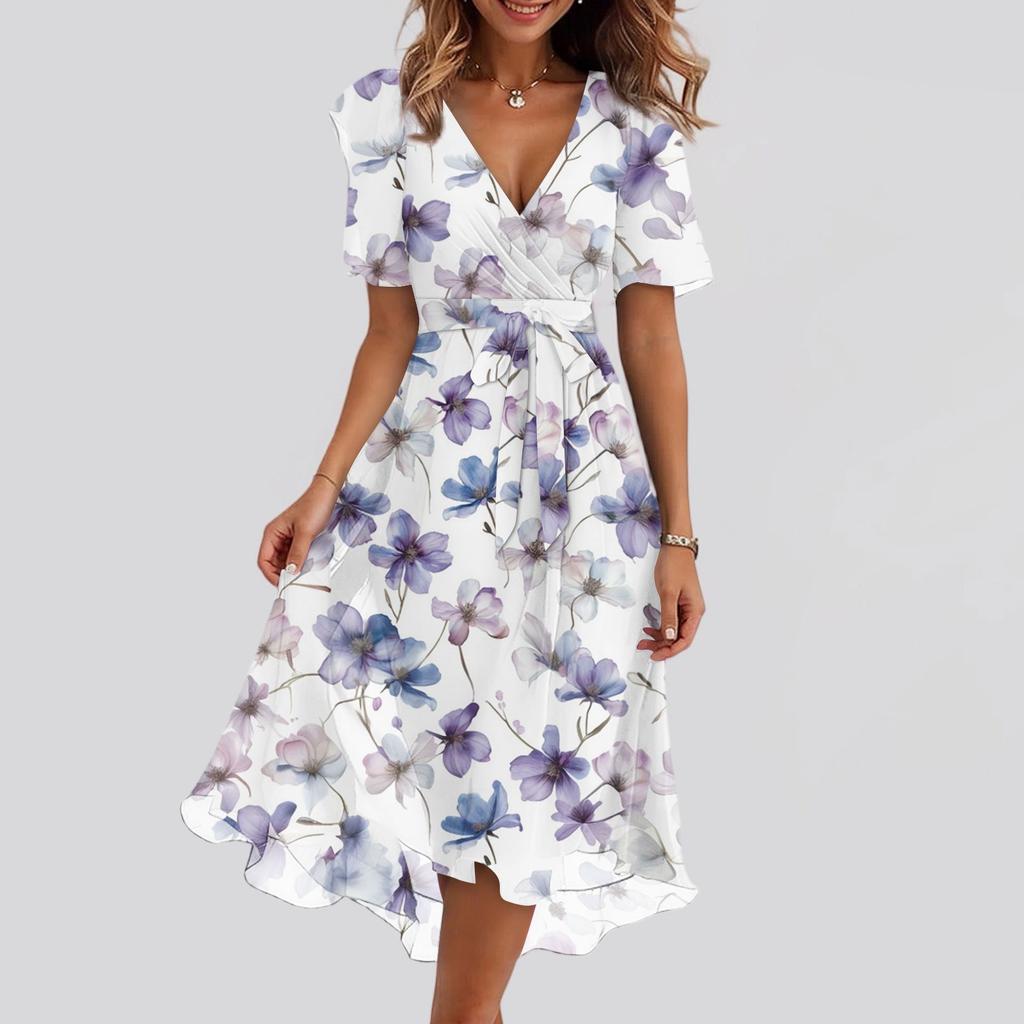 Damen Sommer Blumenmuster Lässig Wickel V-Ausschnitt Rüschen Kapuze Kurze Ärmel Gürtel A-Linie Rüschensaum Midi Sommerkleid