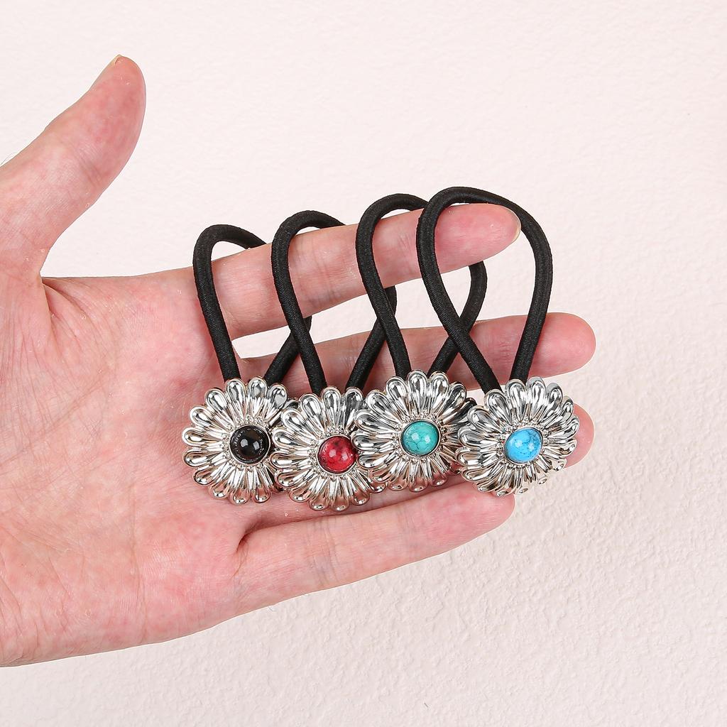 1/4PCS American Western Cowboy Floral Hair Ties Personalized Retro Turquoise Hairband Alloy Flower Scrunchies Headpiece Headwear