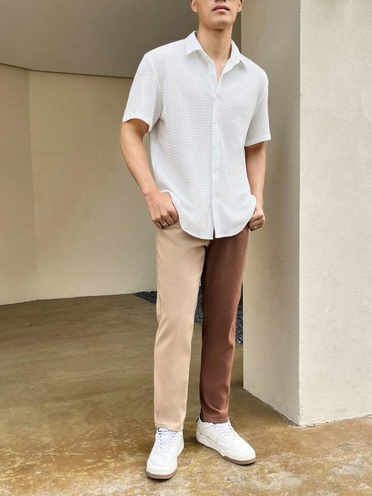 Men's Solid Color Summer Thin Pleated Feng Shui Ripple Breathable Short Sleeved Casual Shirt