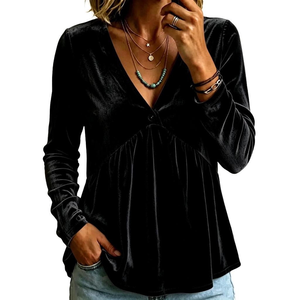 Women's Casual Color V-Neck Long Sleeve Loose Fit Pullover Top for Everyday Wear