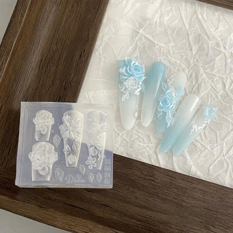 

3D Rose Ice Flower Silicone Nail Carving Mold Sweet Flower Nail Templates Diy Nail Art Decoration Manicure Design Tools one size
