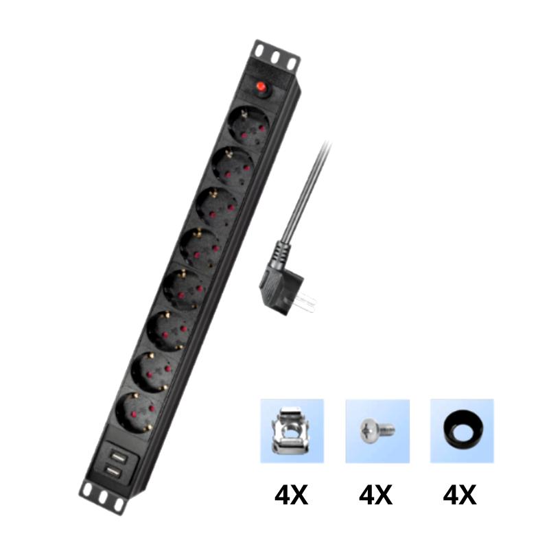 19" power strip, 8 sockets, 2USB, 2.1A, LogiLink PDU, overload protection