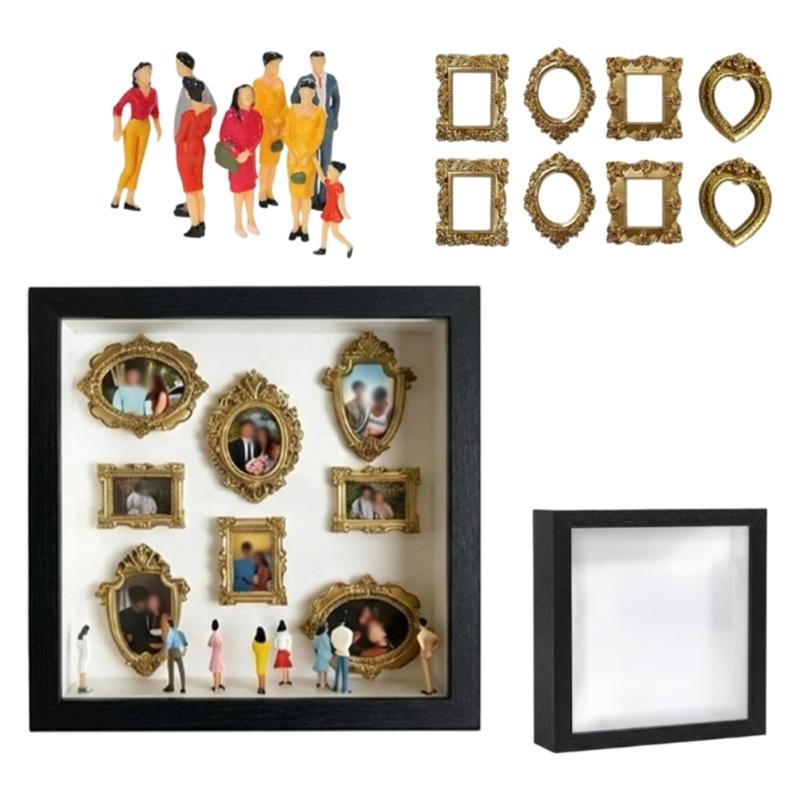 DIY Personalize Mini Museums Silhouettes Box Set with Gold Frame and Mini Figures Photo Display Shadows Box for Home Decors