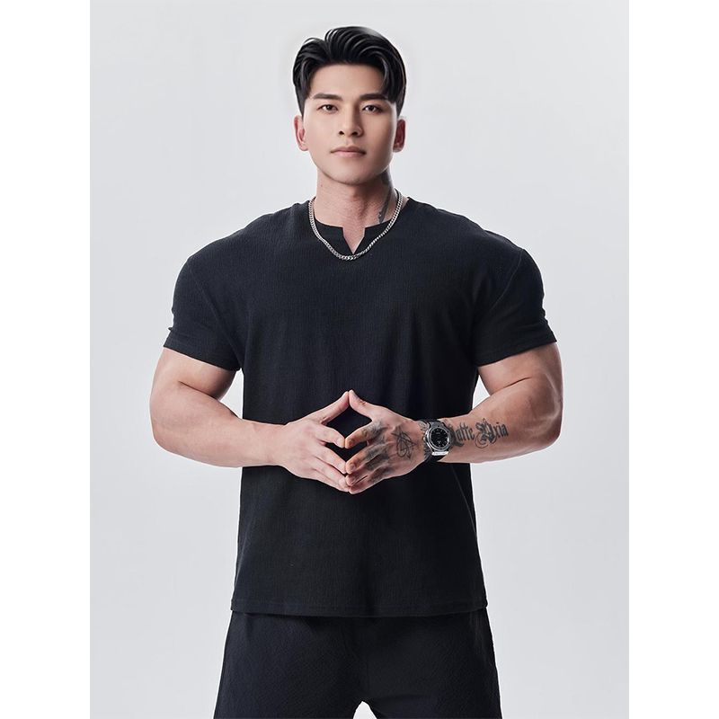 Men Solid V Neck T Shirt Short Sleeve Stretch Casual Workout Top For Daily And Gym Wear