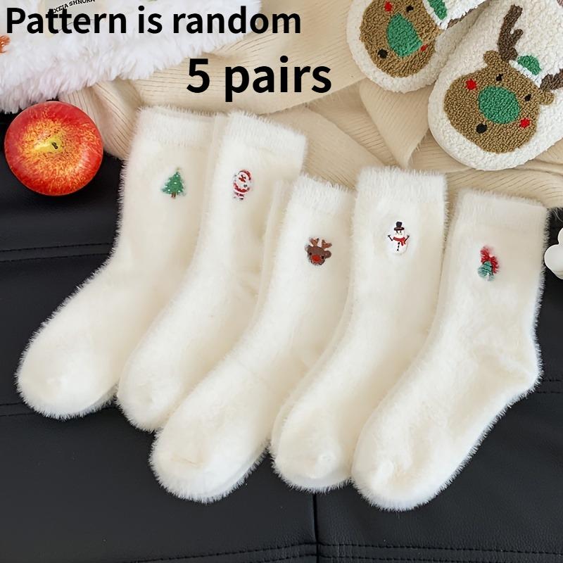 

5PAIRS Ladies White Plush Christmas Stocking - Thickened Warm Lined, Hand Washable Suitable for Christmas Gifts and Winter Clothing (Velvet Soft) Pattern is random