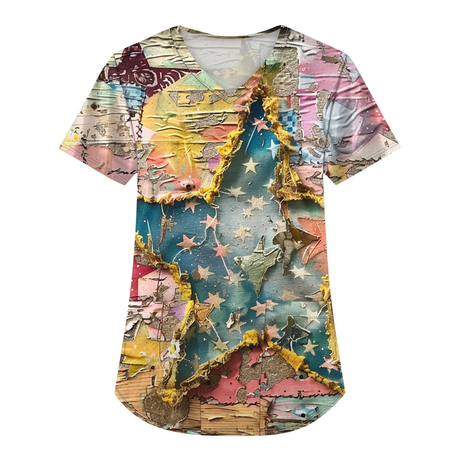 

Плюс размер скраб с принтом Рабочая униформа Топы для женщин V-образным вырезом с принтом ко Дню независимости с короткими рукавами Забавные футболки Спецодежда Футболка с карманами XL жёлтый