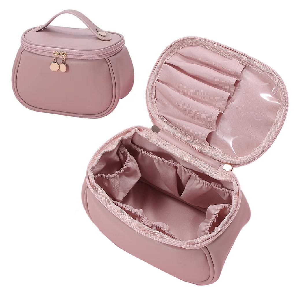 Tragbare Make-up-Tasche Damen Niedliche PU-Leder Kosmetiktaschen Große Kulturtasche für Teenager-Mädchen Geschenke Reise Rosa