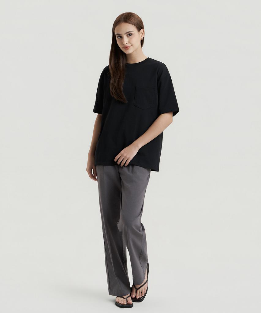 Delma W Linen Touch Semi-Wide Elastic Waist Pants - Charcoal