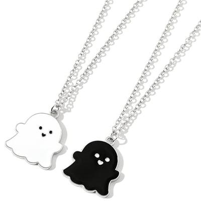 2pcs Couple Cute Black and White Ghost Pendant Necklaces for Women Men