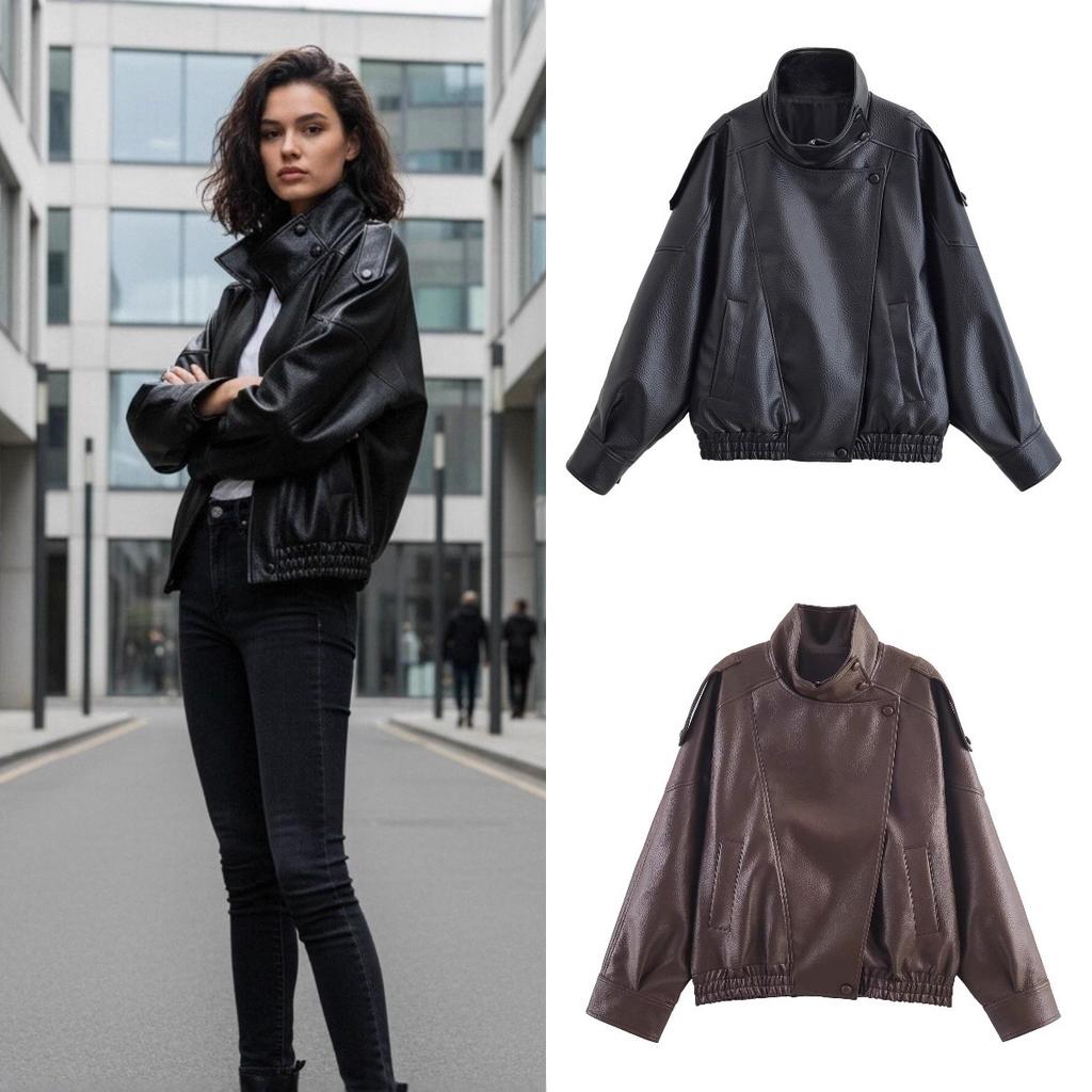 Women's Jacket Black Long Sleeve Faux Leather Jacket Motorcycle Style Personality Fashion