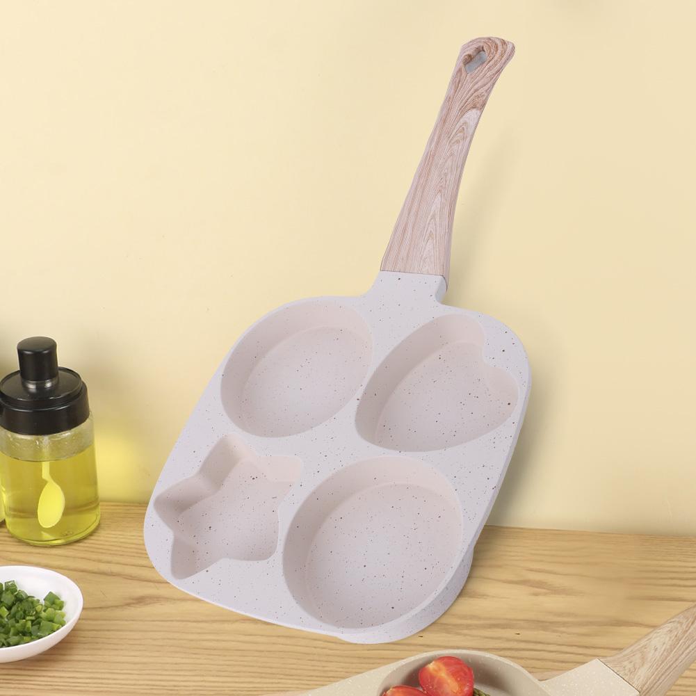 4 Hole Omelet Pan Egg Frying Pan Granite Coating Fried Egg Pan Wooden Handle Divided Egg Omelet Pan Multi-Function for Breakfast