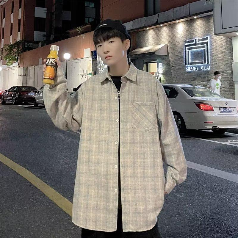 Autumn Shirt Men'S Korean Style Trendy Loose Checkered Shirt Jacket Long Sleeved Top