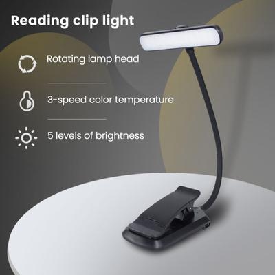 24 LED Rechargeable Book Light for Reading In Bed Stepless Dimming Clip Reading Light with 3 Colors And 5 Brightness for Studying