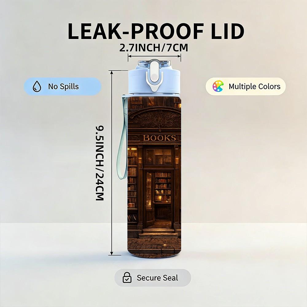 1PC Old Dark Library Bookshelf Print 750ml Color Plastic Sports Water Bottle Leakproof Flip Straw Lid Suitable for Sports Office Home Use