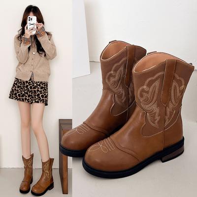 Vintage Western Cowboy Boots Women's Fall 2025 New Coarse Heel Embroidered Maillard Short Boots Martin Boots