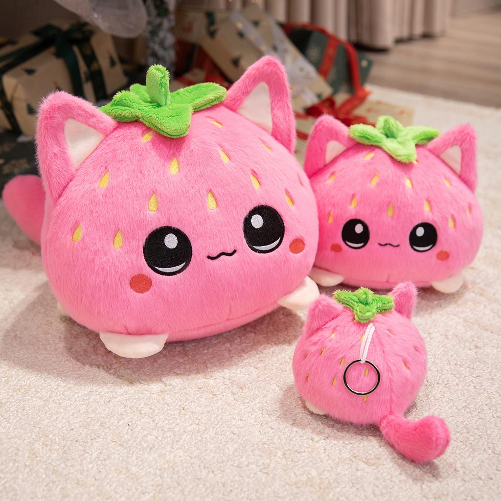 Super Cute Pink Strawberry Kitten Ball Plush Toys Soft Cartoon Big Eyes Cat Doll Kawaii Bags Hanging Toys Funny Girls Xmas Gift