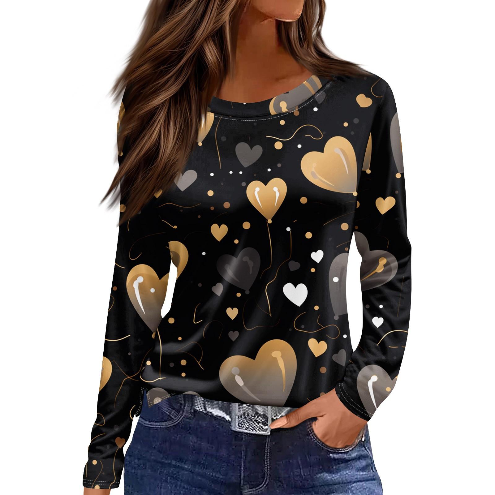 

Женская модная повседневная футболка с разрезом и круглым вырезом, длинным рукавом и принтом ко Дню святого Валентина, женский топ L золотой