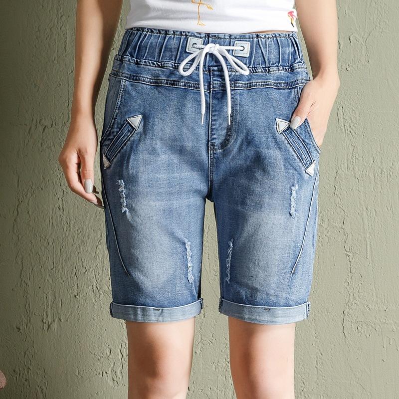 

Джинсовые шорты большого размера для девочек, весенние эластичные свободные рваные брюки с высокой талией и широкими штанинами 33 светло-синий