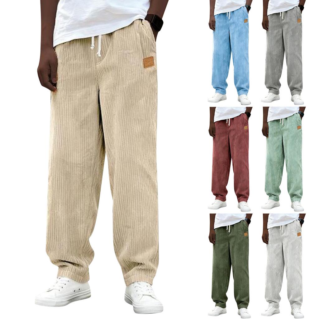 Men Loose Fit Drawstring Waist Corduroy Trousers Casual Straight Leg Pants with Pockets for Everyday Wear