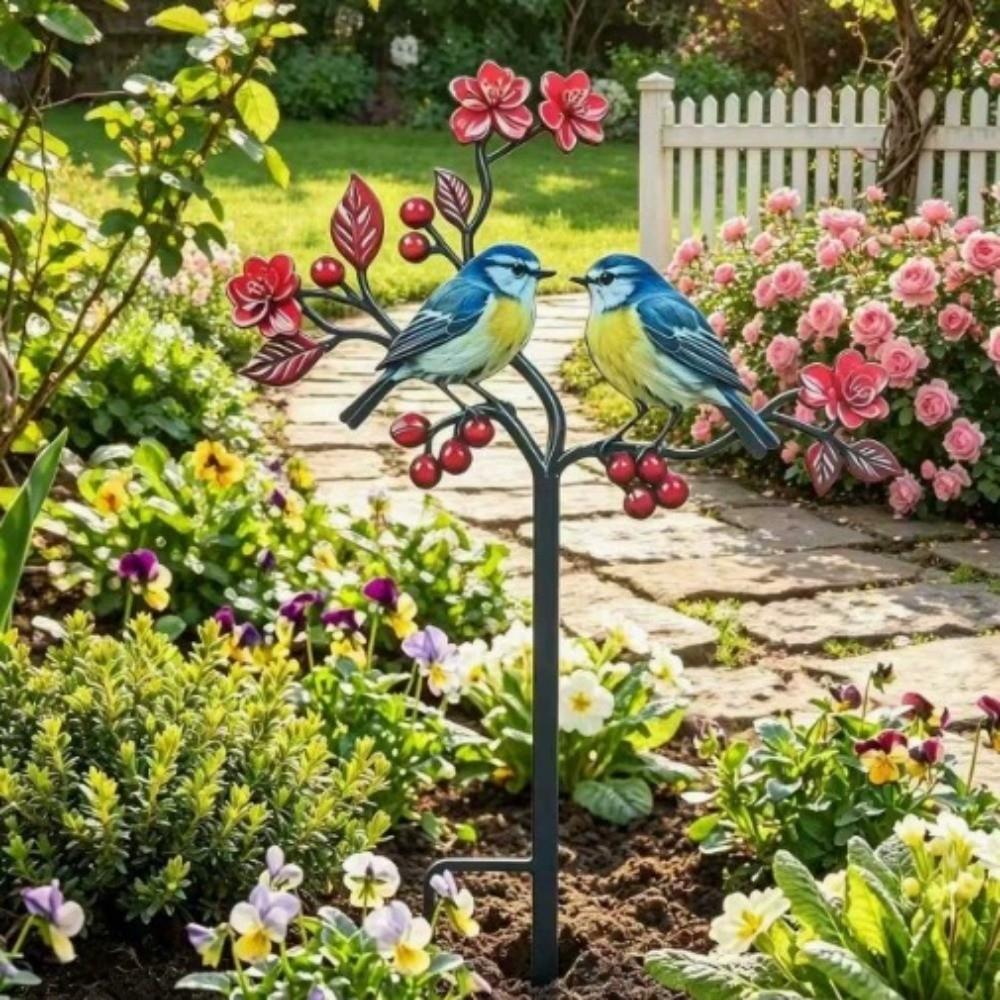 2D Flat Red Bird Garden Stake Iron Handmade Flower Branch Ground Plug Animals Pattern Funny Outdoor Yard Art Yard Ornament