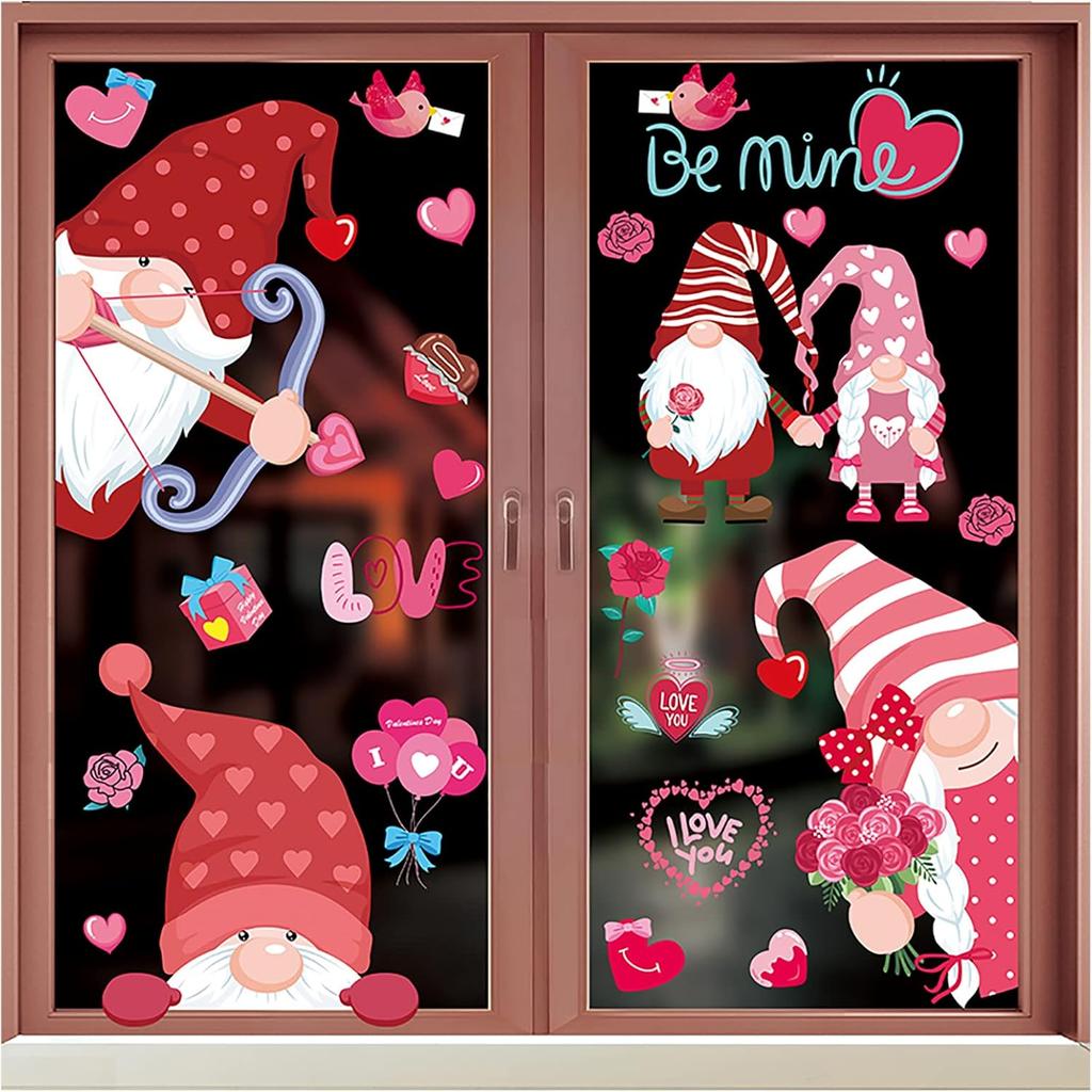 Valentines Day Window Clings Decorations,126Pcs Valentines Window Clings Gnome Heart Decal for Glass,Fabulous for Holiday Decals Family Couples