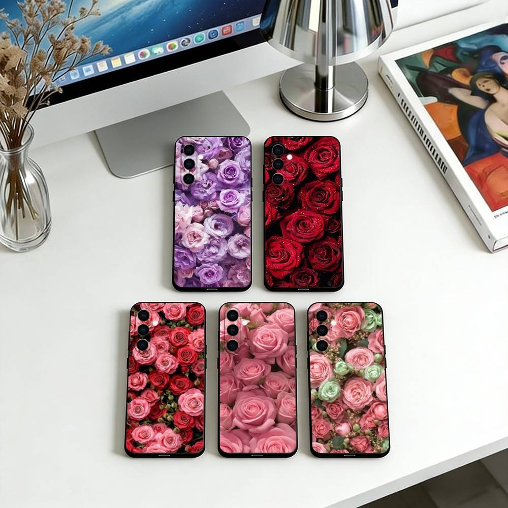 Flower Phone Case Black Silicone Soft For Samsung Galaxy A73,A72,A71,A70,A53,A52,A51