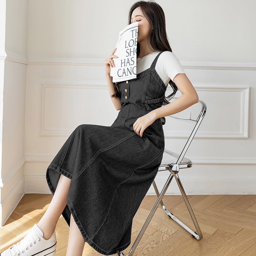 JIYUTOR Denim Jumper Skirt with Solid Back Elastic Midi Plus High Fall Women's Suspenders, Color, Ribbon, V-Neck, Length, Sizes, Waist, Spring,