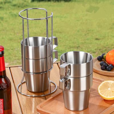 4-teiliges Campingbecher-Set aus Edelstahl zum Wandern, tragbarer Tee-, Kaffee- und Bierbecher mit Gestell, Picknick im Freien, Reise-Wasserbecher, Trinkgeschirr