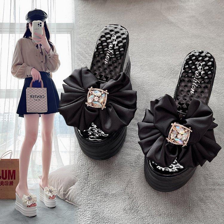 Summer New Muffin Bottom One-word Sandals High-heeled Bow Wedge Slippers Waterproof Table Slippers