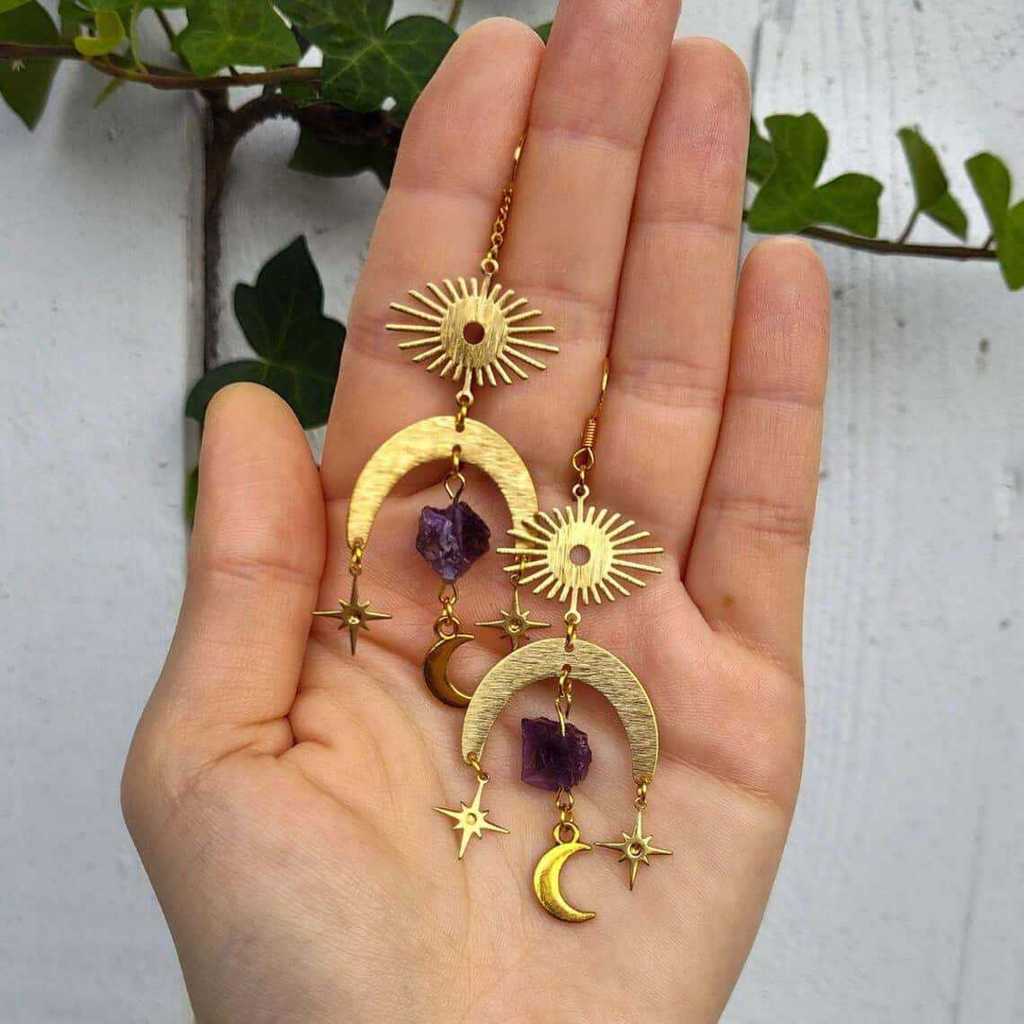 Sun Pendant Earrings With Natural Amethyst Gems For Children Jewelry Fashion