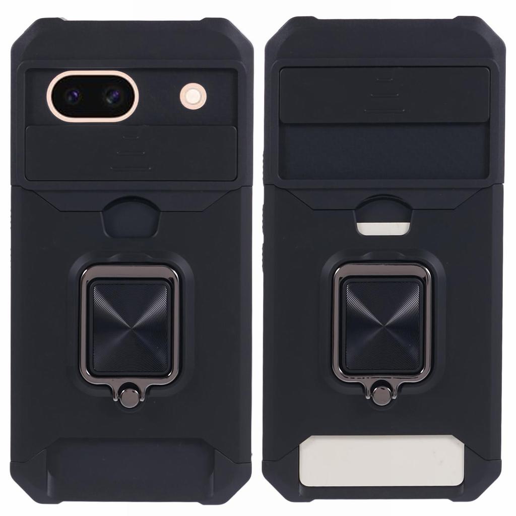 For Google Pixel 8a Cover Camera Slide Lid Card Holder Cell Phone Case with Ring Kickstand