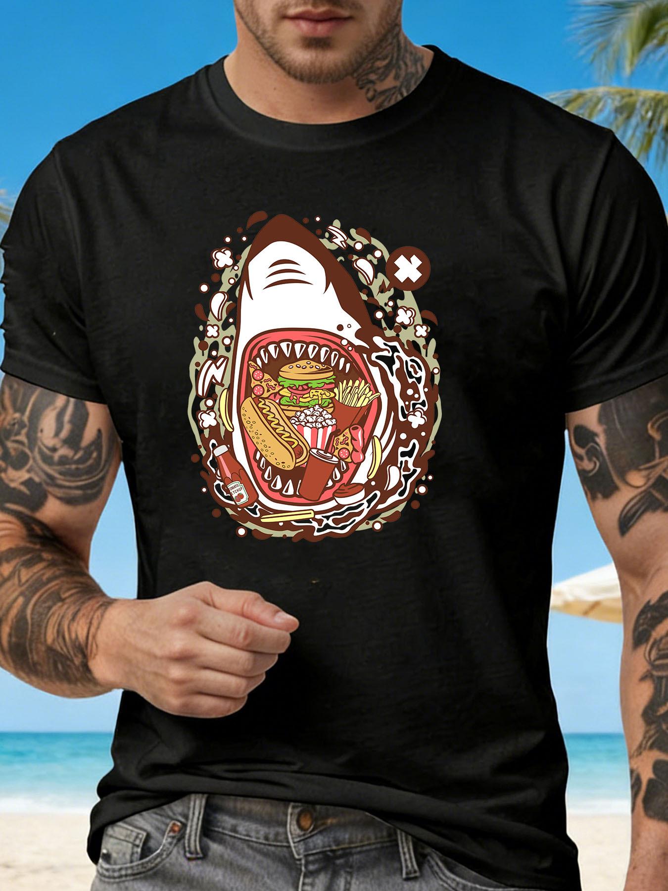 

Shark Big Mouth Delicacies Cartoon-Themed Men S Black Round-Neck T-Shirt with European And American Style Hamburger And Hot Dog Prints L
