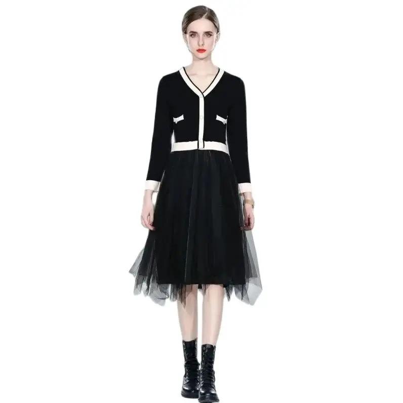 Autumn Winter Spring Women Casual Fashion Black White Long Sleeve Knitted Sexy V-neck Midi Dress S-XL