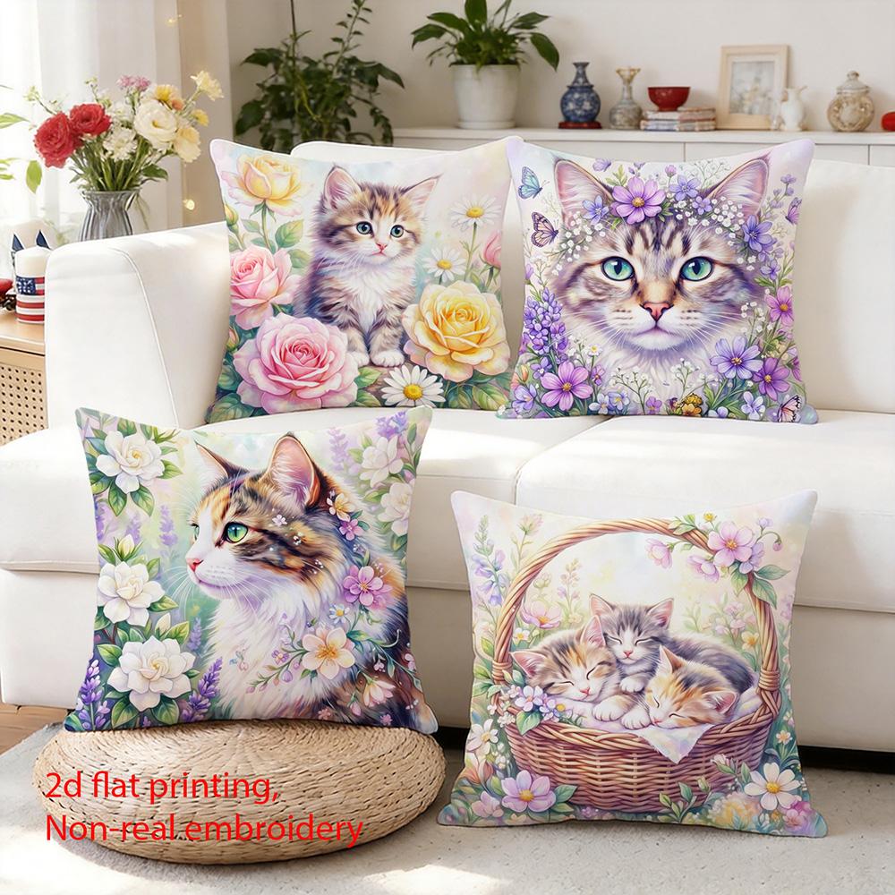 1/4pcs Watercolor Floral Cat Decorative Throw Pillow Cover Home Farmhouse Outdoor Decoration Cushion Cover
