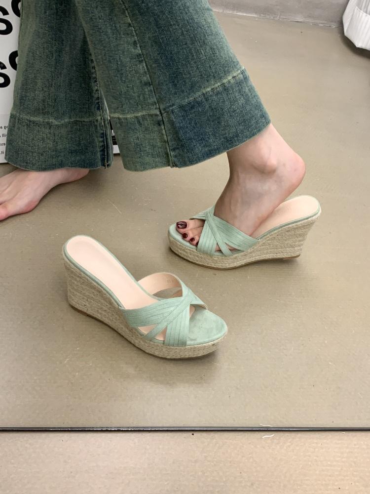 2025 summer wedge heel hemp rope platform high heel classic strap splicing slippers wear waterproof table beach women's shoes