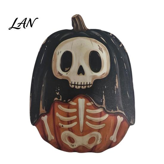 Decorative Wood Painting Art Halloween Wooden Ornaments, Distressed Pumpkin/Cat Decorations, Desktop & Wall Durable Tabletop Decors for Autumn Harvest