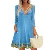 Women's Summer Dress Loose V Neck Three-quarter Sleeve Sundress With Pockets Dress