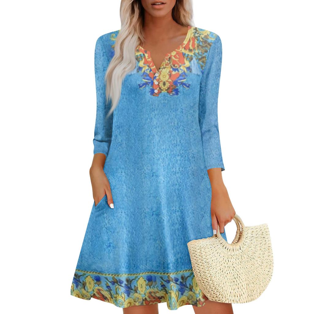 Women's Summer Dress Loose V Neck Three-quarter Sleeve Sundress With Pockets Dress