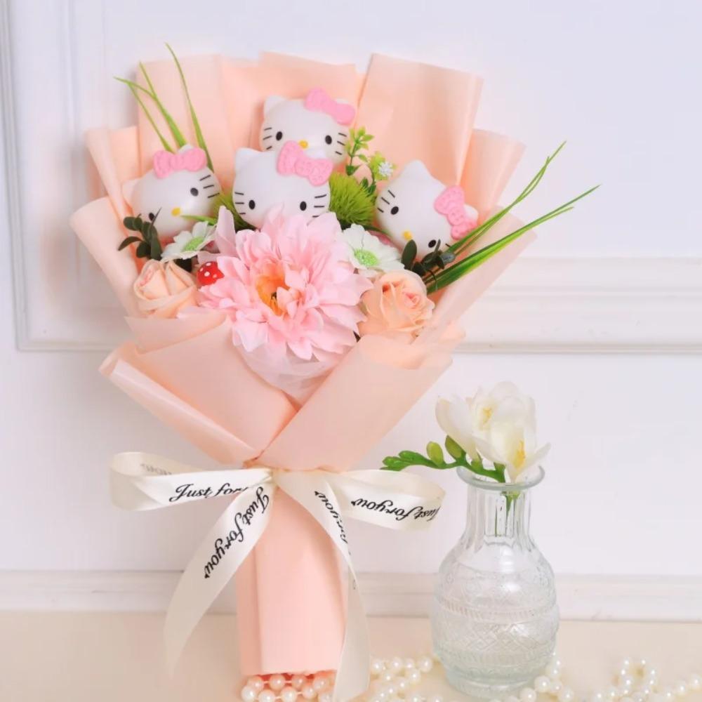 Bambole Gatto Kawaii Hello Kitty con Fiori Artificiali Bouquet Creativo Regali di Natale San Valentino Compleanno Laurea