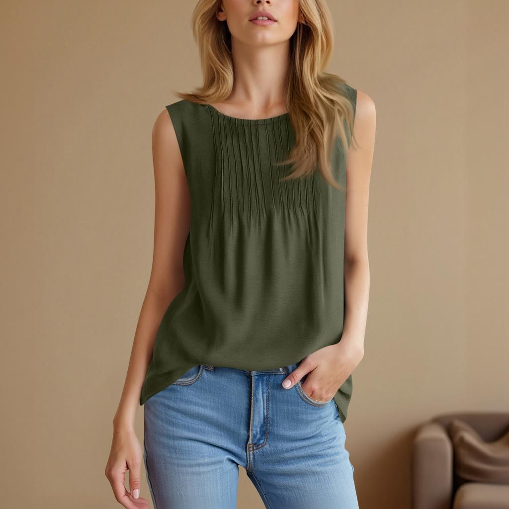 Women's Fashionable And Casual Sleeveless Vest Solid-color Cotton And Linen Pleated Sleeveless Top T-shirt