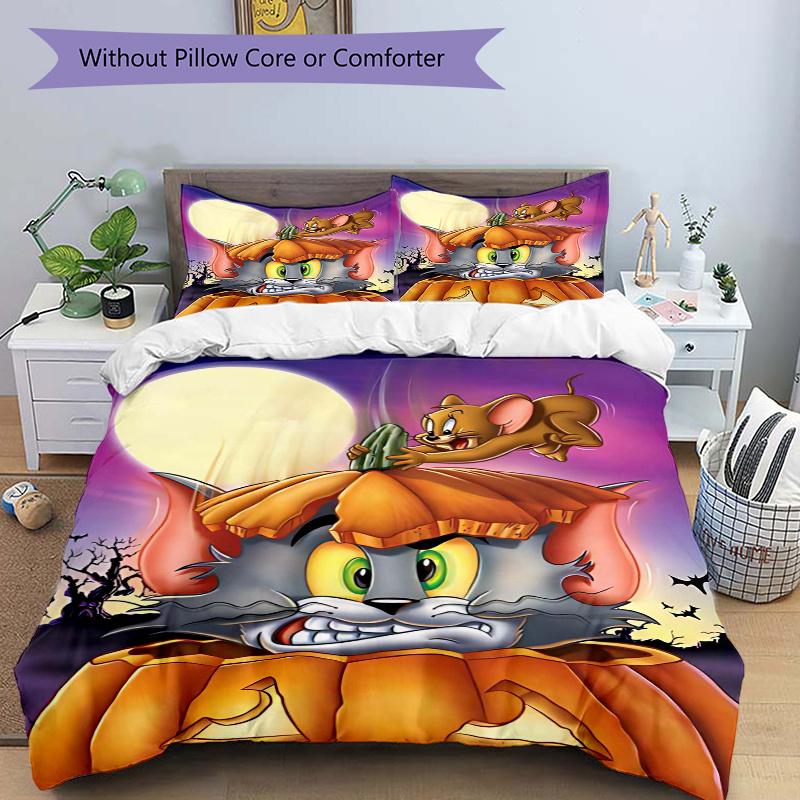 

3pcs Halloween Spooktacular Tom and Jerry Printed Duvet Cover Set (1 * Cover+2 * Pillowcase, Without Core), Suitable for Home Bedroom, Guest Room 135x200cm