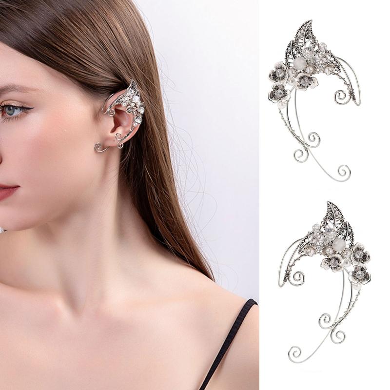 Gothic Elf Earcuffs Non Piercing Cartilage Climber Ear Wrapped Vintage Silver Stud Earrings Punk Hip Hop Earrings Gift