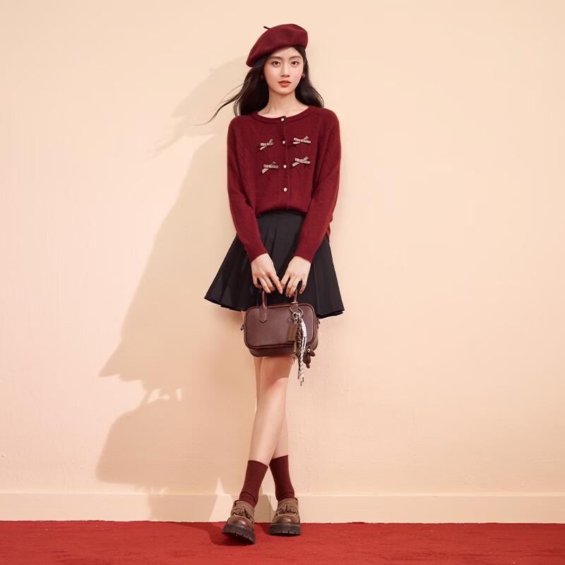 Xiangying Women's Christmas Red Bowknot Knitted Cardigan