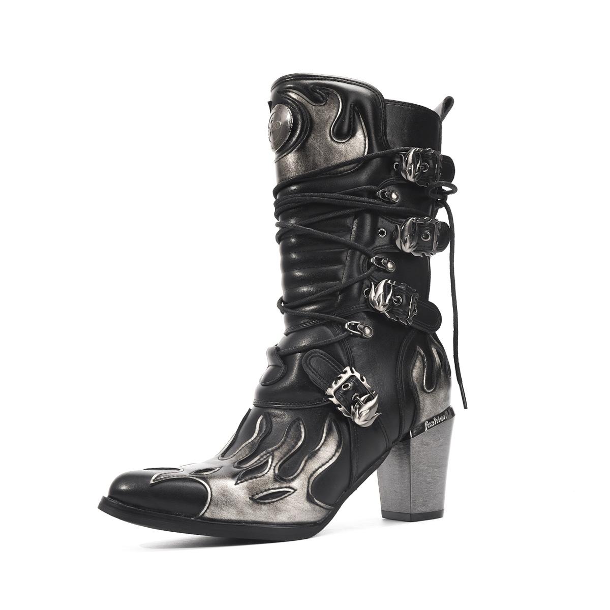 

Женские ботильоны на высоком каблуке, модные, в стиле ретро, на толстом каблуке, в западном стиле, из денима, женские ботинки, крутые ботинки-рыцари с заклепками и острым носком, Botas Para Mujer 35