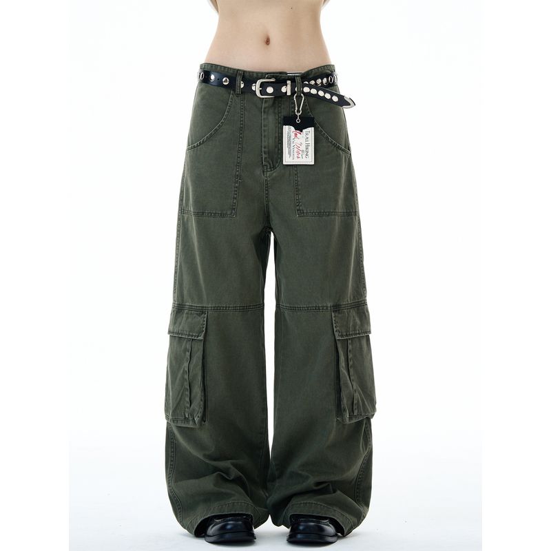 Madwitch American Retro Loose Straight-Leg Multi-Pocket Cargo Pants for Men and Women Vintage Washed Pants